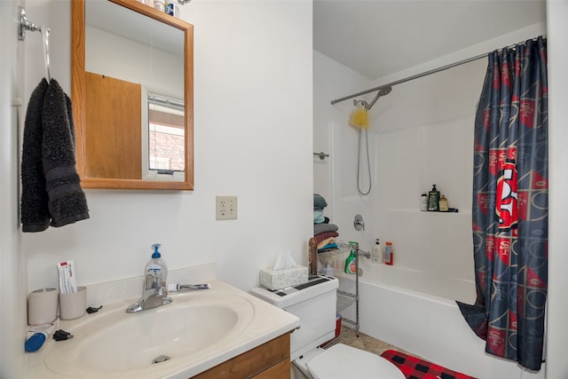 full bathroom with toilet, shower / tub combo with curtain, and vanity