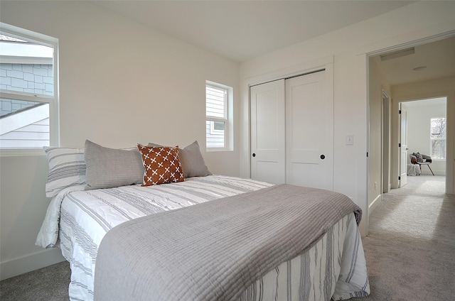 bedroom featuring multiple windows, a closet, and carpet