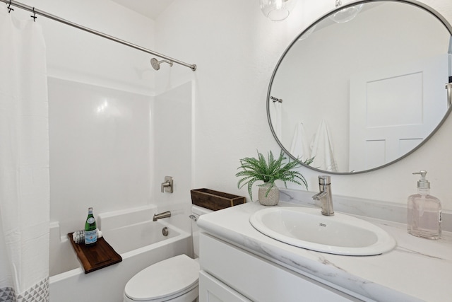 bathroom with vanity, toilet, and shower / bath combination with curtain