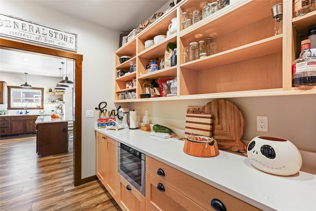 interior space featuring hardwood / wood-style floors, pendant lighting, sink, and built in microwave