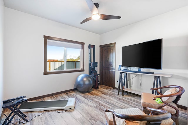 workout room featuring ceiling fan and light wood-type flooring