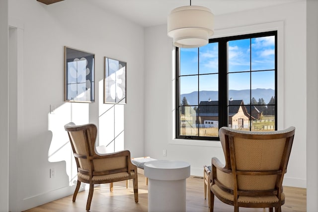 sitting room with baseboards, a mountain view, and wood finished floors