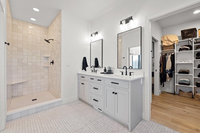 full bathroom with double vanity, a stall shower, a walk in closet, and a sink