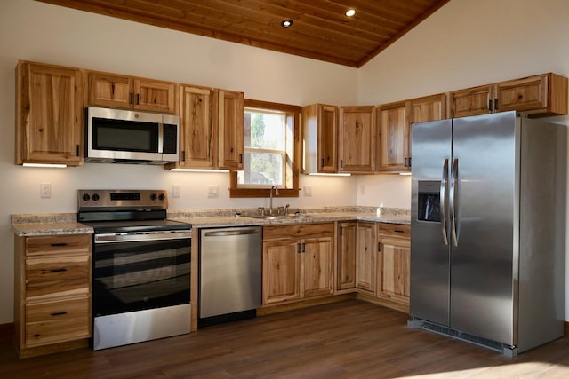 72 River Ct N, Eureka, MT 59917 - kitchen with light stone countertops, dark wood finished floors, stainless steel appliances, wood ceiling, and a sink