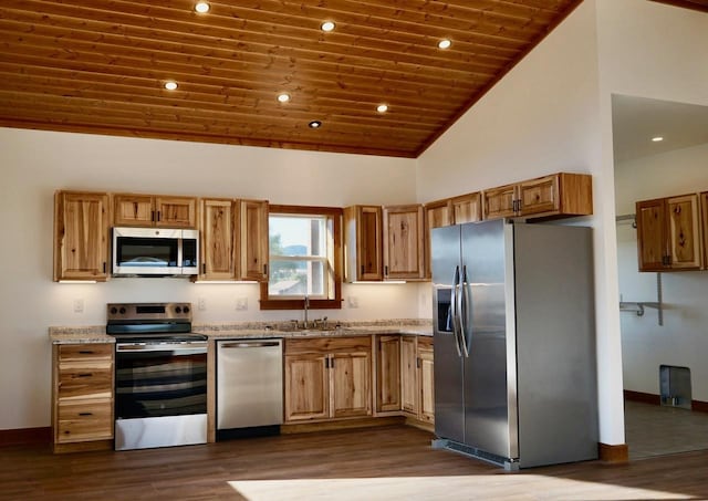 72 River Ct N, Eureka, MT 59917 - kitchen with wooden ceiling, dark wood-style flooring, a sink, stainless steel appliances, and baseboards