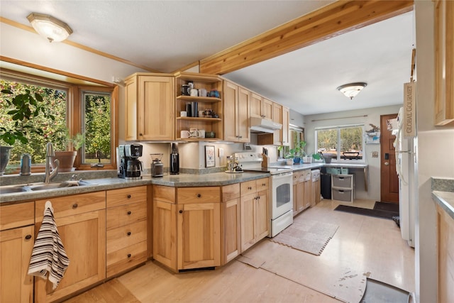 1627 Foothill Rd, Kalispell, MT 59901 - kitchen featuring electric range, under cabinet range hood, a sink, open shelves, and light brown cabinets