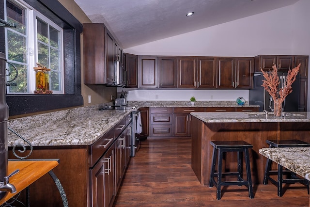 44 Copper Ridge Rd, Trout Creek, MT 59874 - kitchen featuring dark wood-style flooring, dark brown cabinetry, lofted ceiling, appliances with stainless steel finishes, and a breakfast bar area