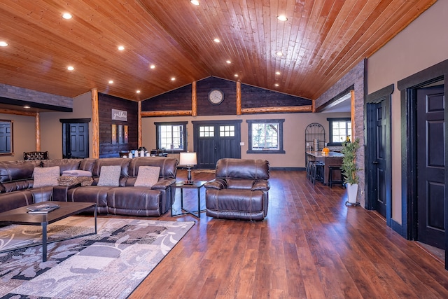 living room featuring wood-type flooring, wood ceiling, and high vaulted ceiling