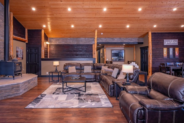 44 Copper Ridge Rd, Trout Creek, MT 59874 - living area with wooden ceiling, a wood stove, and recessed lighting