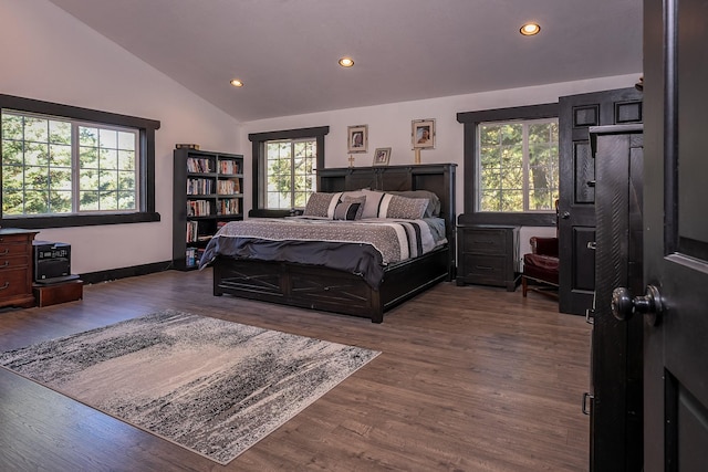 44 Copper Ridge Rd, Trout Creek, MT 59874 - bedroom featuring recessed lighting, lofted ceiling, baseboards, and dark wood-type flooring