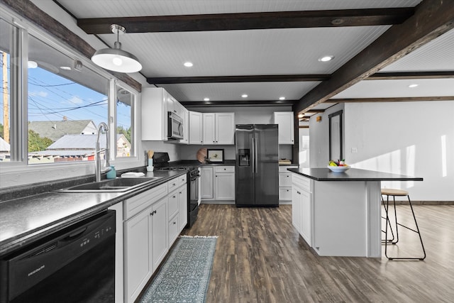 kitchen with white cabinetry, sink, beamed ceiling, pendant lighting, and black appliances