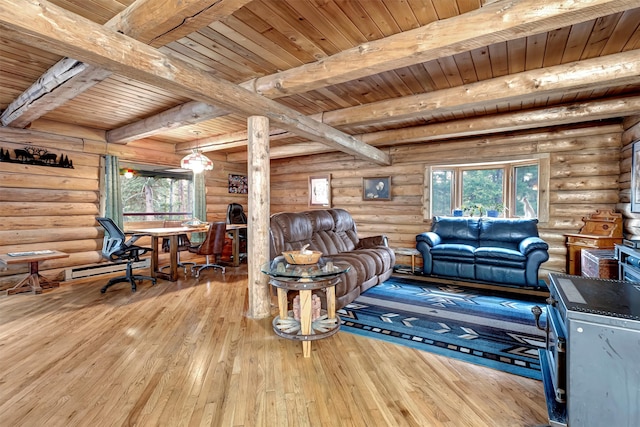 living room with rustic walls, light hardwood / wood-style flooring, and wood ceiling