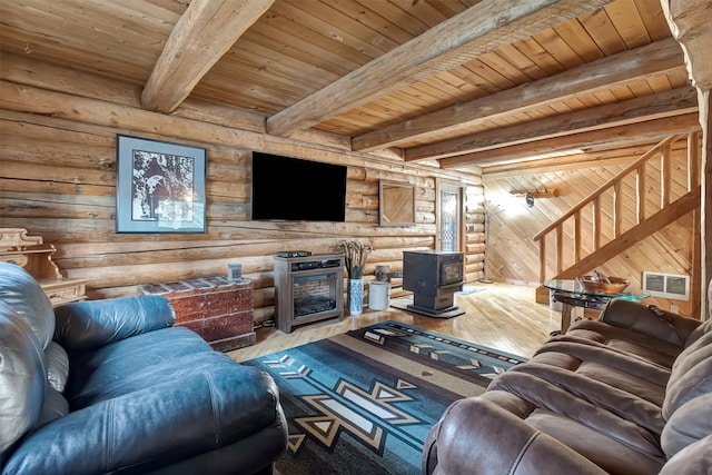 living room featuring beam ceiling, a wood stove, rustic walls, wood walls, and wood ceiling