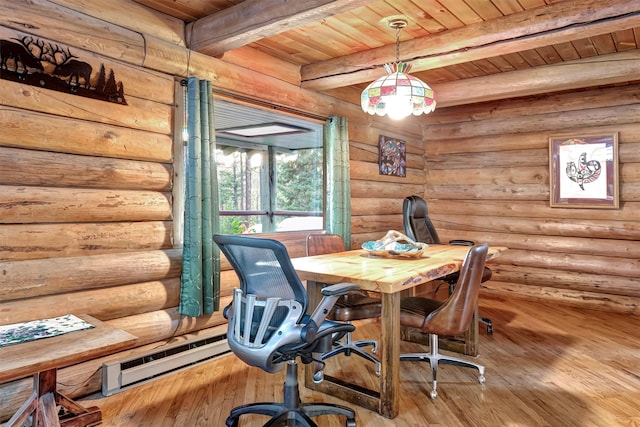 dining room featuring beamed ceiling, light hardwood / wood-style flooring, rustic walls, and wooden ceiling