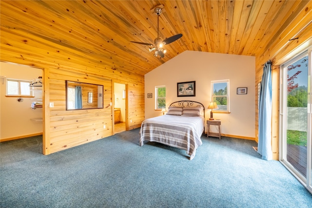 bedroom featuring access to outside, vaulted ceiling, carpet, and wooden ceiling