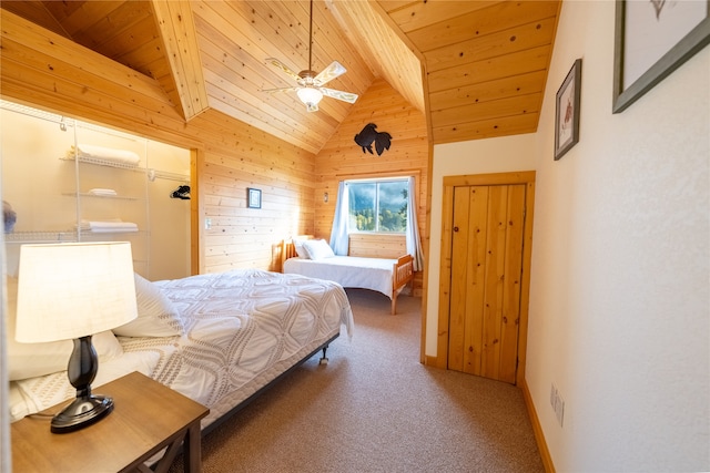 carpeted bedroom with high vaulted ceiling, beamed ceiling, ceiling fan, wooden ceiling, and wood walls