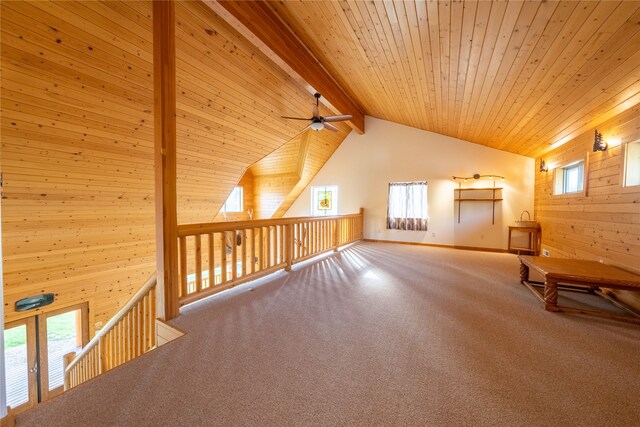 bonus room featuring beamed ceiling, carpet flooring, and a wealth of natural light