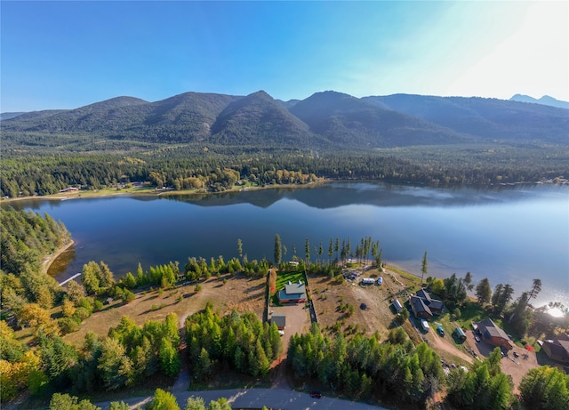 birds eye view of property with a water and mountain view