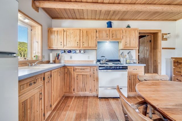 kitchen with light hardwood / wood-style floors, beamed ceiling, white appliances, wooden ceiling, and sink