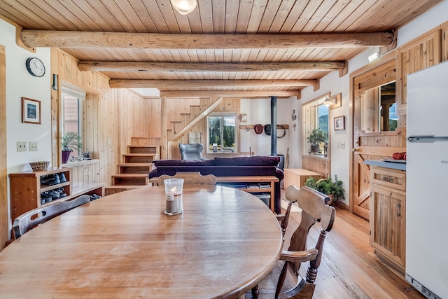 dining room with wood walls, wood ceiling, beam ceiling, and light wood-type flooring