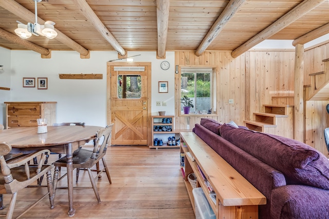 dining space with wooden walls, beam ceiling, wooden ceiling, and light hardwood / wood-style flooring