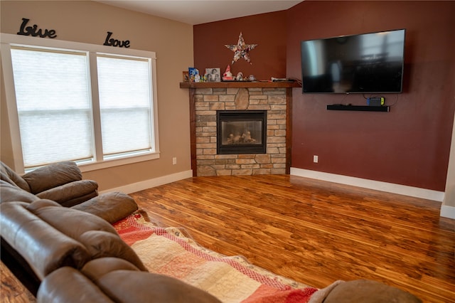 living room with a fireplace and wood-type flooring