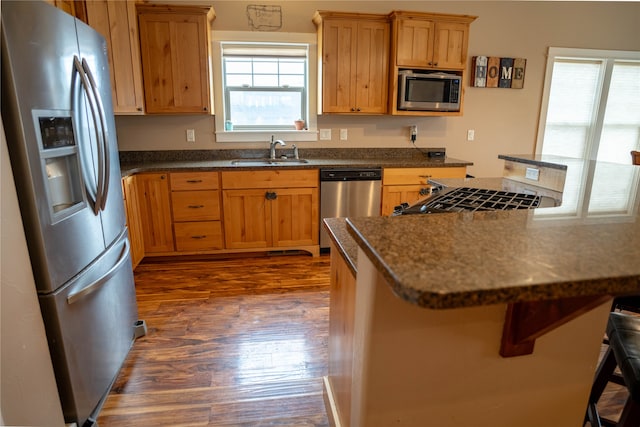 kitchen with a breakfast bar area, sink, dark hardwood / wood-style flooring, and appliances with stainless steel finishes