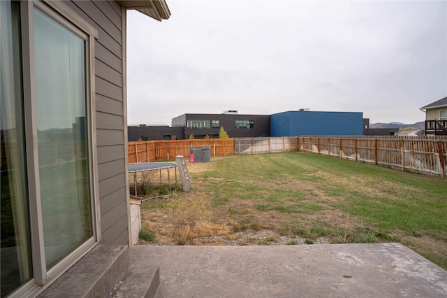 view of yard featuring a trampoline and a patio area