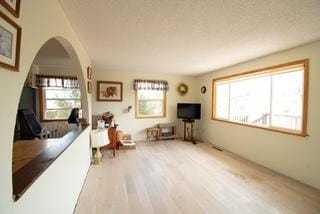 unfurnished room featuring arched walkways and wood finished floors