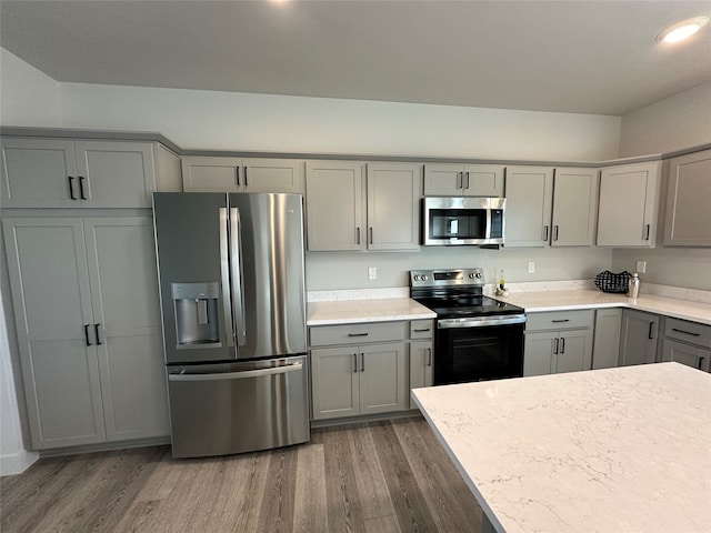 kitchen featuring gray cabinets, dark wood-type flooring, and stainless steel appliances