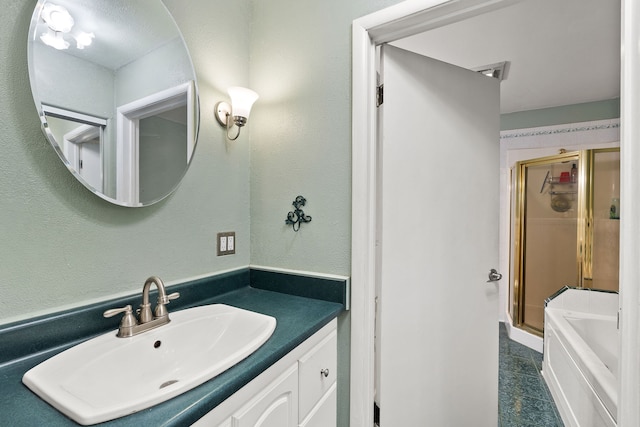 bathroom with plus walk in shower and vanity