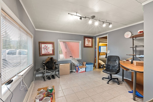 tiled office space with ornamental molding and track lighting