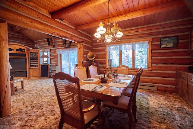 dining room featuring lofted ceiling with beams, an inviting chandelier, wooden ceiling, log walls, and a baseboard heating unit