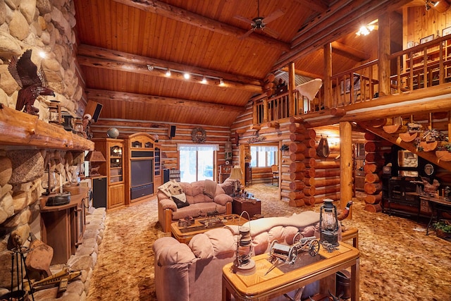 living room featuring ceiling fan, beam ceiling, track lighting, high vaulted ceiling, and wooden ceiling