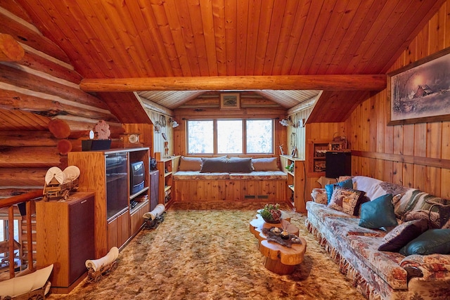 living room featuring vaulted ceiling with beams, wood walls, and wooden ceiling