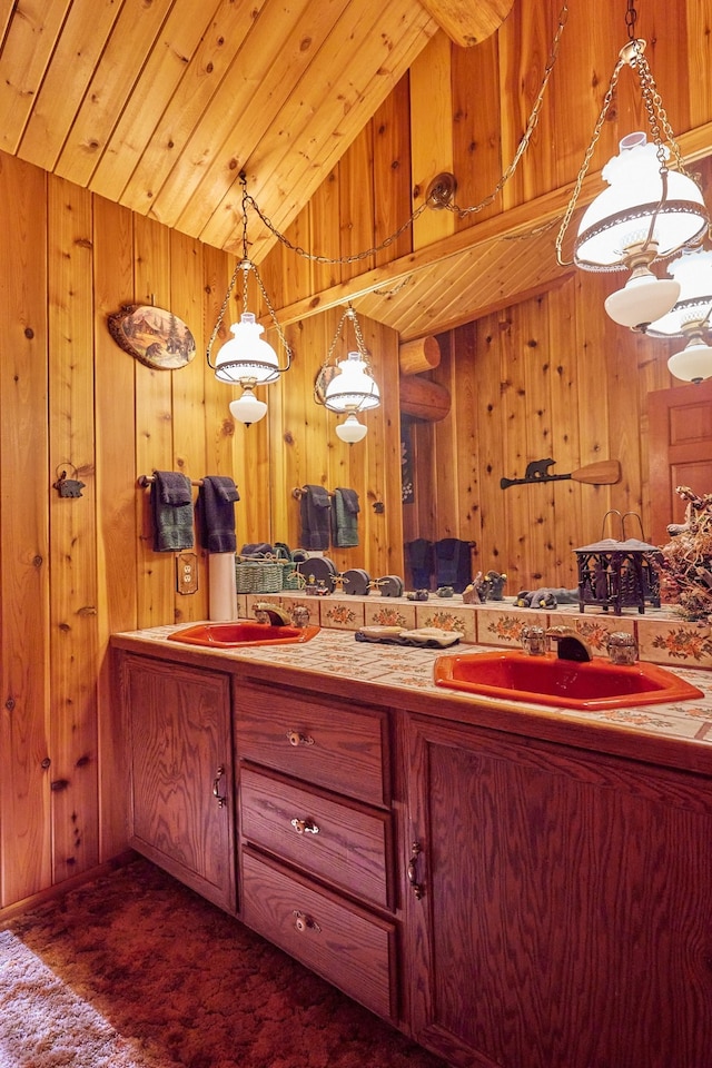 kitchen with dark carpet, wood ceiling, wood walls, and vaulted ceiling