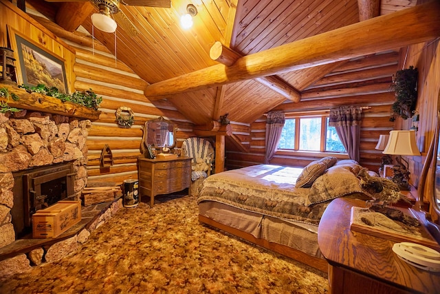 bedroom with wood ceiling, high vaulted ceiling, rustic walls, and beamed ceiling