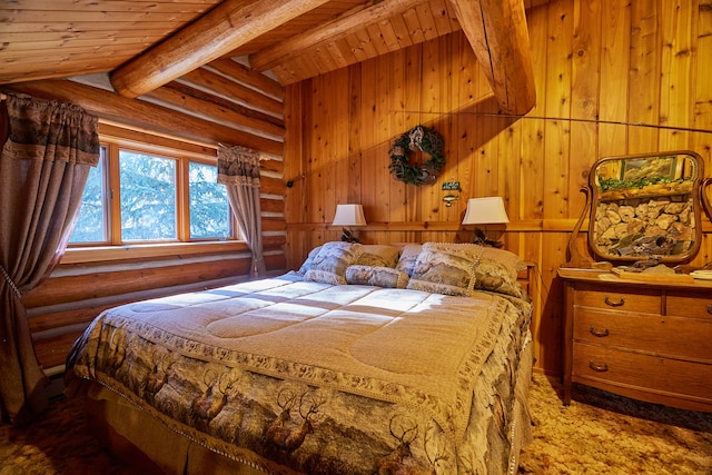 bedroom with lofted ceiling with beams, wood walls, and wood ceiling