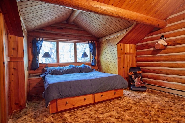 bedroom with a baseboard heating unit, wood ceiling, lofted ceiling with beams, and carpet