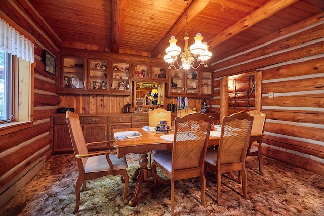 dining area featuring an inviting chandelier, beam ceiling, log walls, wood ceiling, and a baseboard heating unit