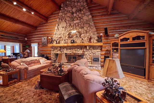 living room featuring beamed ceiling, high vaulted ceiling, log walls, wooden ceiling, and a fireplace