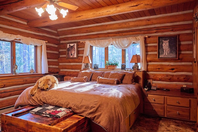 bedroom featuring wood ceiling, rustic walls, beam ceiling, and multiple windows