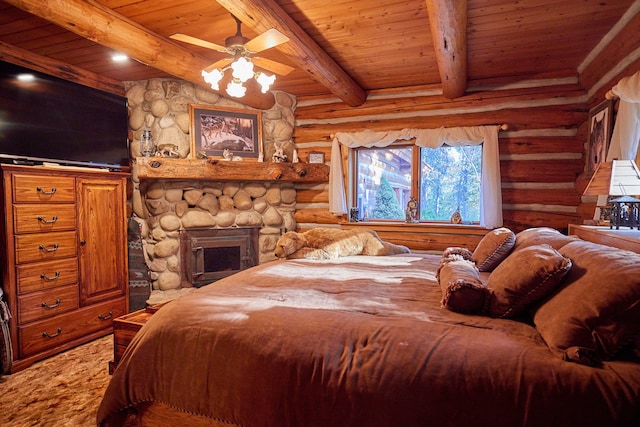 bedroom featuring ceiling fan, rustic walls, beam ceiling, and wooden ceiling