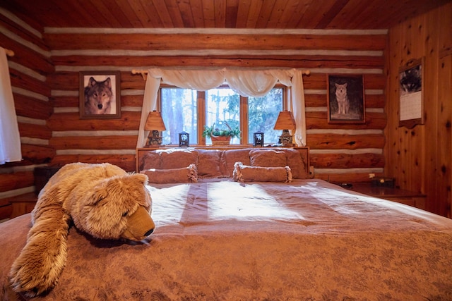 bedroom with log walls and wooden ceiling