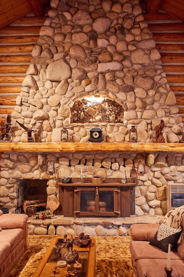 unfurnished living room featuring a fireplace, vaulted ceiling with beams, and log walls