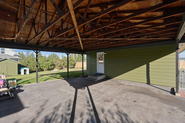 view of patio with a shed