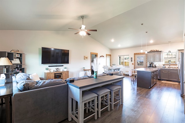 living room featuring ceiling fan, lofted ceiling, dark hardwood / wood-style floors, and sink