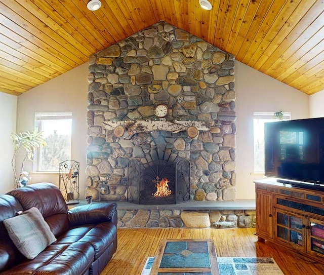 52772 Herak Rd, Charlo, MT 59824 - living area featuring vaulted ceiling, a fireplace, and hardwood / wood-style flooring