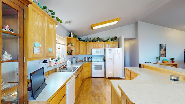 52772 Herak Rd, Charlo, MT 59824 - kitchen featuring lofted ceiling, open shelves, a sink, and white appliances