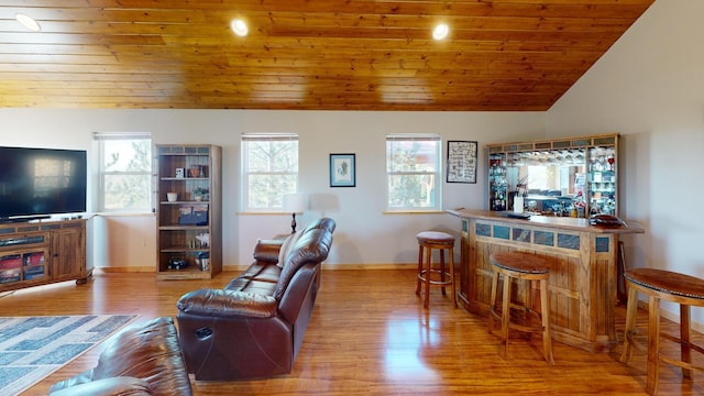 52772 Herak Rd, Charlo, MT 59824 - living room featuring lofted ceiling, wood finished floors, a dry bar, wooden ceiling, and baseboards